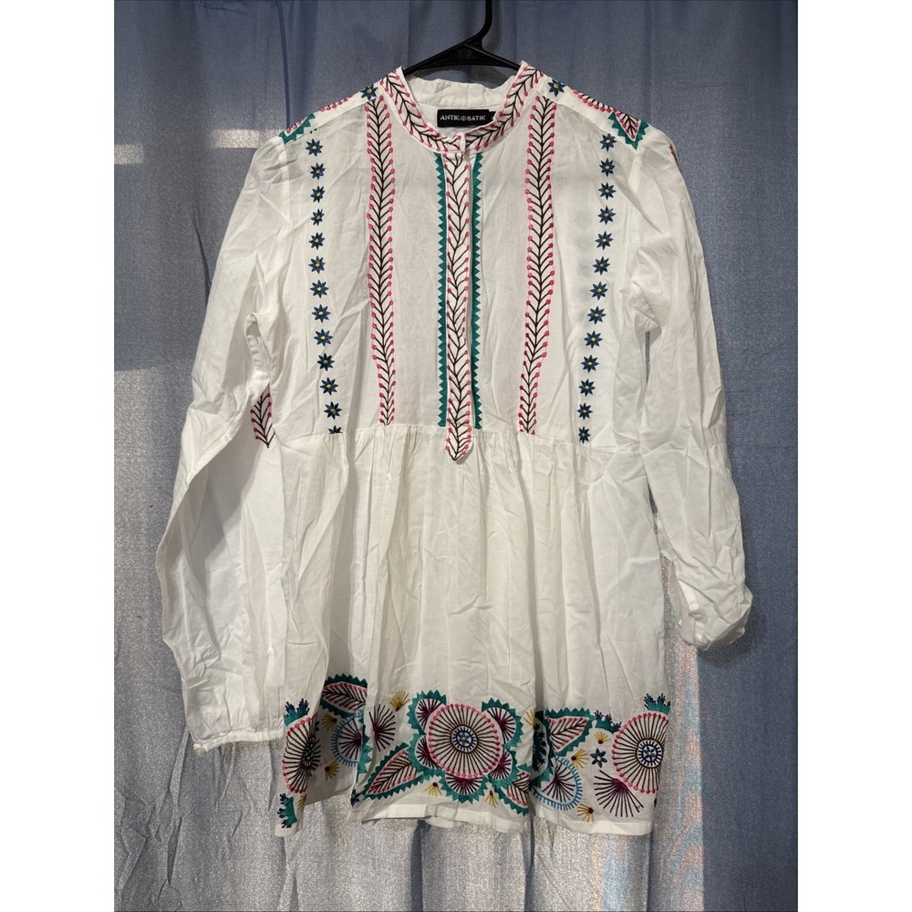 Antik Batik Women's White Long Sleeves Embroidered Top Blouse S Boho Chic Artsy